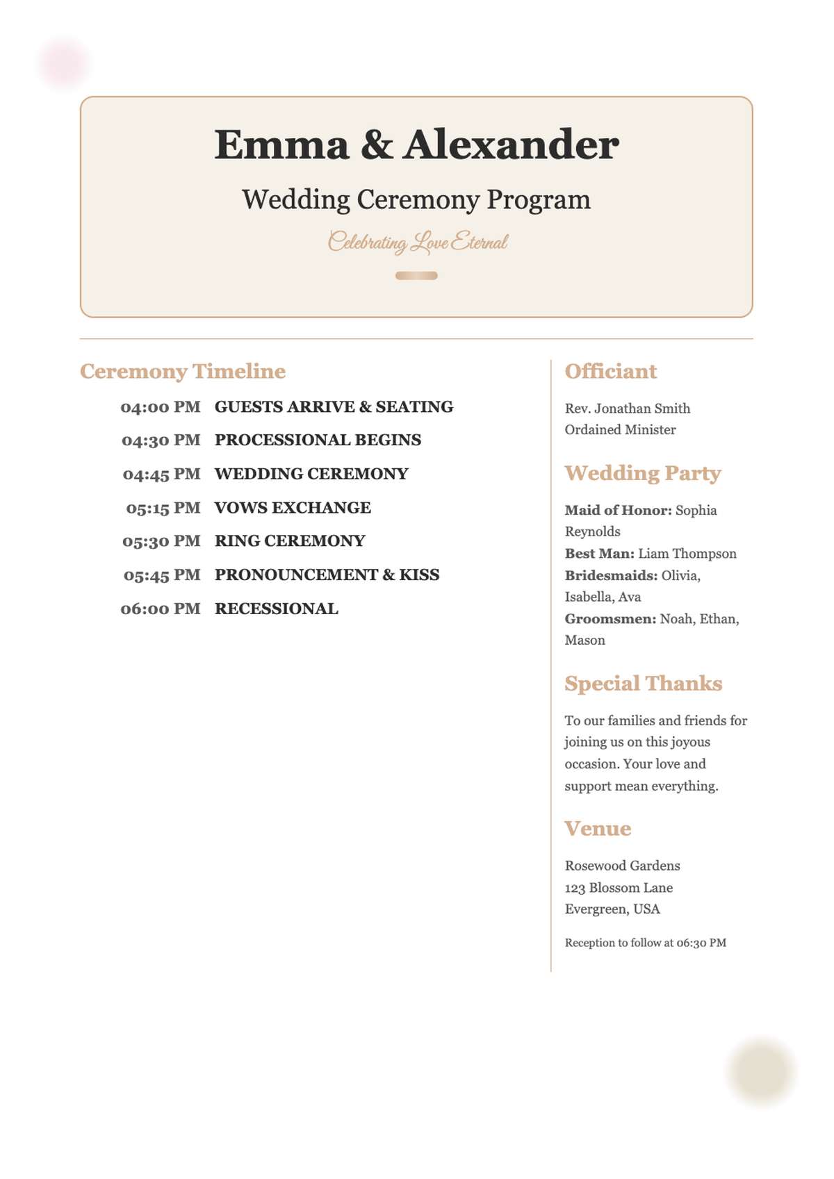 Elegant floral wedding program for Amily and Walker with gold accents and timeline_variant_3